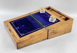 19TH CENTURY BRASS STRUNG FIGURED WALNUT WRITING SLOPE, lid and lock with engraved gilt brass