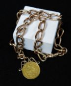 9CT GOLD ELONGATED CURB LINK WATCH CHAIN, having South African 1 Pond gold coin pendant, 1894, 26cms