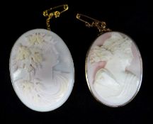 TWO YELLOW METAL CARVED PINK CAMEO BROOCHES, one 9ct, the other indistinctly hallmarked, (2)