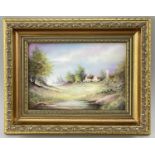 ROYAL WORCESTER PORCELAIN LANDSCAPE PLAQUE PAINTED BY MICHAEL POWELL, depicting a timber framed