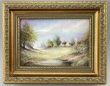 ROYAL WORCESTER PORCELAIN LANDSCAPE PLAQUE PAINTED BY MICHAEL POWELL, depicting a timber framed