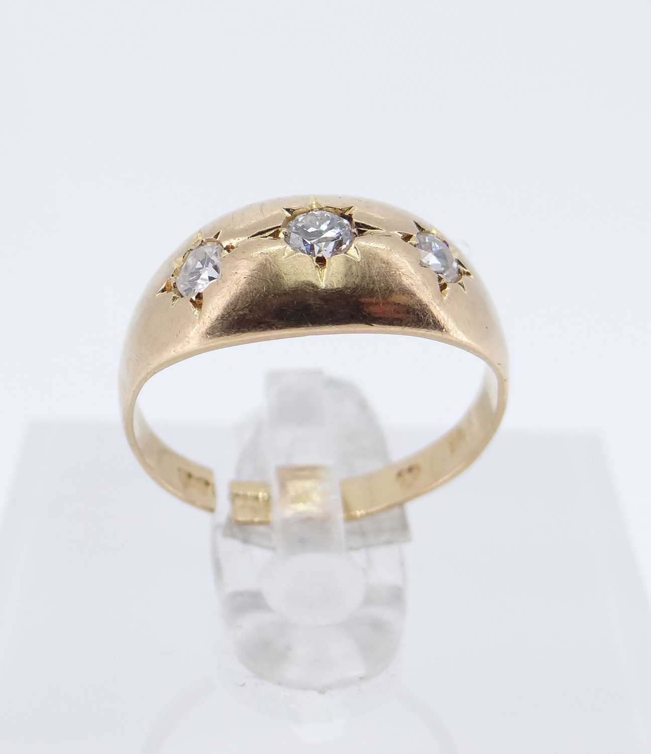 TWO GOLD RINGS comprising 18ct gold three stone diamond 'gypsy' set ring (size L), 2.7gms, - Image 7 of 8