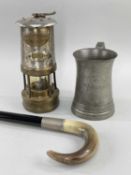 THREE WELSH RELATED ANTIQUES, including Thomas & Williams Type No. 62 miner's lamp, 20cm h; pewter