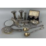 ASSORTED SILVER comprising silver sauce boat, cased pair of silver salts and spoons, silver plate on