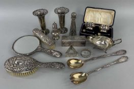 ASSORTED SILVER comprising silver sauce boat, cased pair of silver salts and spoons, silver plate on