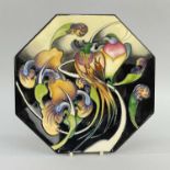 MOORCROFT POTTERY OCTAGONAL DISH / PLATE tube-line decoration by Emma Bossons in 'Fleur-de-Luce'