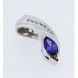 14K WHITE GOLD TANZANITE & DIAMOND PENDANT, the navette shaped tanzanite (9 x 5mms approx.)