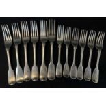 TWO MATCHED SETS OF SIX SILVER FORKS, all with engraved initials, various London hallmarks, total