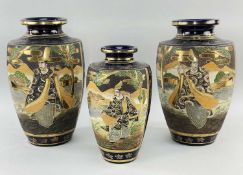 THREE SATSUMA VASES, including a pair featuring landscapes and musician, and another similar