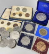 ASSORTED COMMEMORATIVE COINS & MEDALS, including boxed John Pinches silver 1972 Royal Wedding