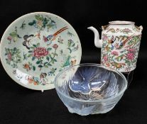 CHINESE FAMILLE ROSE PORCELAIN TEAPOT, CELADON DISH & FRENCH OPALESCENT GLASS BOWL, teapot 15cm h,