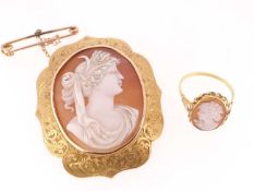 GOLD CAMEO JEWELLERY comprising 9ct gold scroll engraved carved cameo brooch, Chester 1908, together