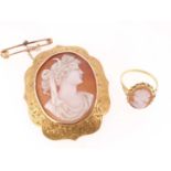 GOLD CAMEO JEWELLERY comprising 9ct gold scroll engraved carved cameo brooch, Chester 1908, together