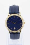 LOUIS ERARD SWISS QUARTZ WATCH, navy blue dial with date aperture at 6 o'clock, leather strap with