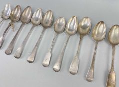 ASSORTED ANTIQUE SILVER TABLEWARE, comprisng 9 late George III silver fiddle and Old English pattern