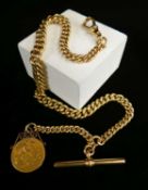 18CT GOLD ALBERT WATCH CHAIN, having graduated curb links, T-bar, and George V (1912) half sovereign