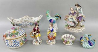 ASSORTED CONTINENTAL ORNAMENTAL PORCELAIN, including two Herend models of birds, three Meisen