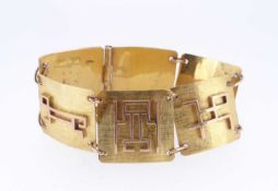 YELLOW GOLD PANEL BRACELET, the six panels decorated with geometric animal designs, origin