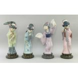 FOUR LLADRO PORCELAIN FIGURES OF JAPANESE GIRLS, with fans and parasol, largest 30cms high Comments: