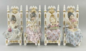 FULL SET OF FOUR LLADRO SPANISH PRINCESS FIGURINES, each girl seated on a chair with flower bouquet,