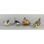 FOUR ROYAL CROWN DERBY BIRD PAPERWEIGHTS, bone china, printed marks and gold stoppers to bases (4)