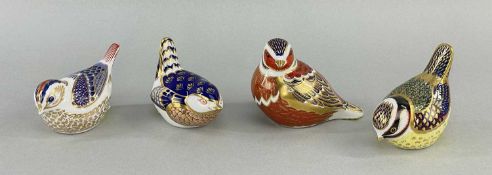 FOUR ROYAL CROWN DERBY BIRD PAPERWEIGHTS, bone china, printed marks and gold stoppers to bases (4)