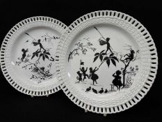 PAIR LATE VICTORIAN ART POTTERY AMATEUR-PAINTED MINTON PLATES, by Miss E. Llewellyn, depicting