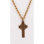 9CT GOLD CELTIC CROSS PENDANT, hallmarked with dragon, on 9ct gold spiral chain with 9ct gold