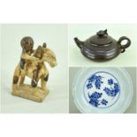 ASSORTED CHINESE ITEMS including CHINESE BROWN-GLAZED POTTERY TOY HORSE & RIDER, Tang Dynasty,