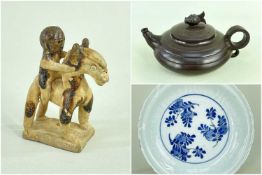 ASSORTED CHINESE ITEMS including CHINESE BROWN-GLAZED POTTERY TOY HORSE & RIDER, Tang Dynasty,