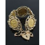 9CT GOLD SCROLL DESIGN BRACELET, having engraved heart shaped padlock, set with five gold half