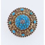 VICTORIAN ETRUSCAN SHIELD BROOCH having central diamond accent within a domed field of turquoise