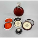 SCENT BOTTLE, BUTTON-HOLE WATCH & SEAL IMPRESSIONS, the ruby glass flask with silver hinged top by