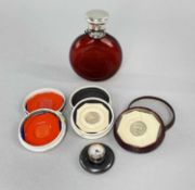 SCENT BOTTLE, BUTTON-HOLE WATCH & SEAL IMPRESSIONS, the ruby glass flask with silver hinged top by