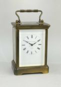 LARGE MATTHEW NORMAN BRASS CARRIAGE CLOCK, white enamel dial, 5-glass case with 11J Swiss platfom