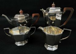 GEORGE VI FOUR PIECE SILVER TEA SET, Mappin & Webb, Sheffield 1951, panelled octagonal form, appr.