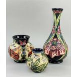 THREE MOORCROFT POTTERY VASES, all with tube-line decoration comprising small squat vase in 'Fruit