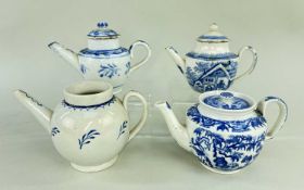 FOUR SMALL ENGLISH TEAPOTS late 18th / early 19th Century, two transfers and two under glazed