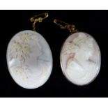 TWO YELLOW METAL CARVED PINK CAMEO BROOCHES, one 9ct, the other indistinctly hallmarked, (2)