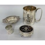 ASSORTED SILVER comprising tapering silver tankard decorated with repousse standing lion, stamped '