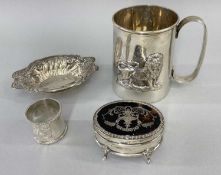 ASSORTED SILVER comprising tapering silver tankard decorated with repousse standing lion, stamped '