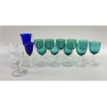 ASSORTED COLOURED & CLEAR STEMWARE, including ten various green glass wines, two blue glass wines,