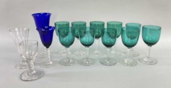 ASSORTED COLOURED & CLEAR STEMWARE, including ten various green glass wines, two blue glass wines,