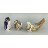 THREE ROYAL CROWN DERBY PAPERWEIGHTS, bone china, comprising Rockhopper Penguin, sleeping cat, and