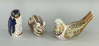 THREE ROYAL CROWN DERBY PAPERWEIGHTS, bone china, comprising Rockhopper Penguin, sleeping cat, and