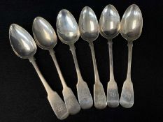 SIX SIMILAR ANTIQUE SILVER TABLE SPOONS, early to mid 19th century, engraved script initials
