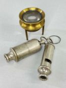 TWO HUDSON WWII METAL WHISTLES, one a Hudon's patent siren whistle, the other an A.R.P. whistle,