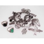 SILVER JEWELLERY comprising silver charm bracelet and Welsh themed charms including coracle, love