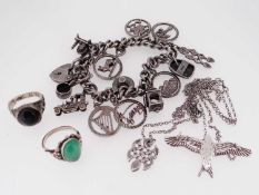 SILVER JEWELLERY comprising silver charm bracelet and Welsh themed charms including coracle, love