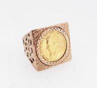 9CT GOLD TEXTURED & PIERCED SQUARE RING set with gold South African 1/2 Pond coin, ring size S, 13.